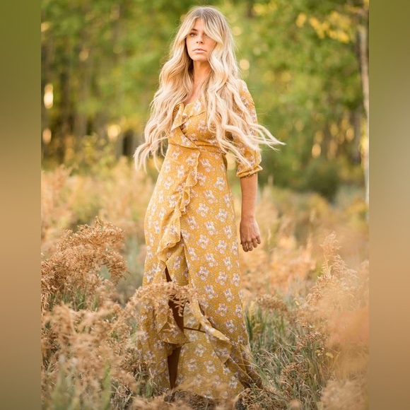 JessaKae Bohemian Sheer Sleeve Mustard Dress with Cascading Ruffle - Picture 1 of 16
